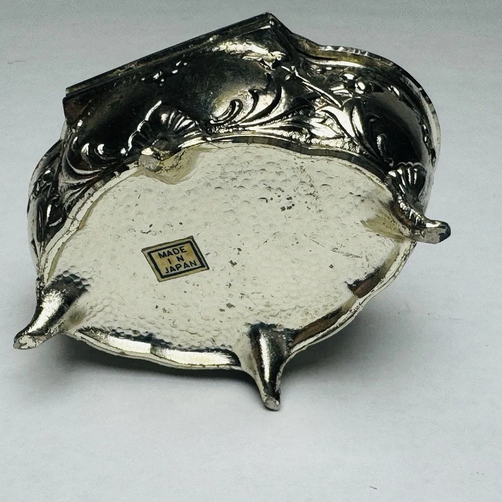 VTG Silver Metal Trinket Or Jewelry Box Lined W/ Red Velvet And An Embossed Top